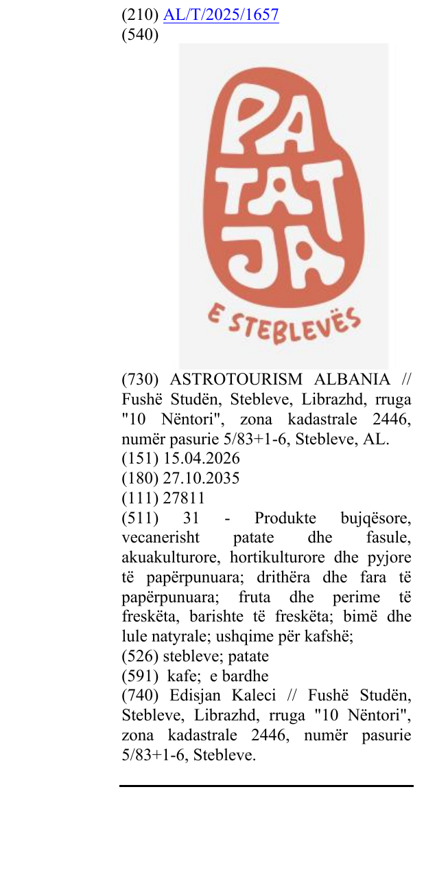 Zëri i markës stebleve; patate në buletin