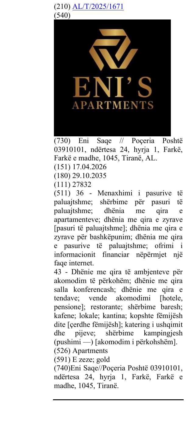 Zëri i markës Apartments në buletin