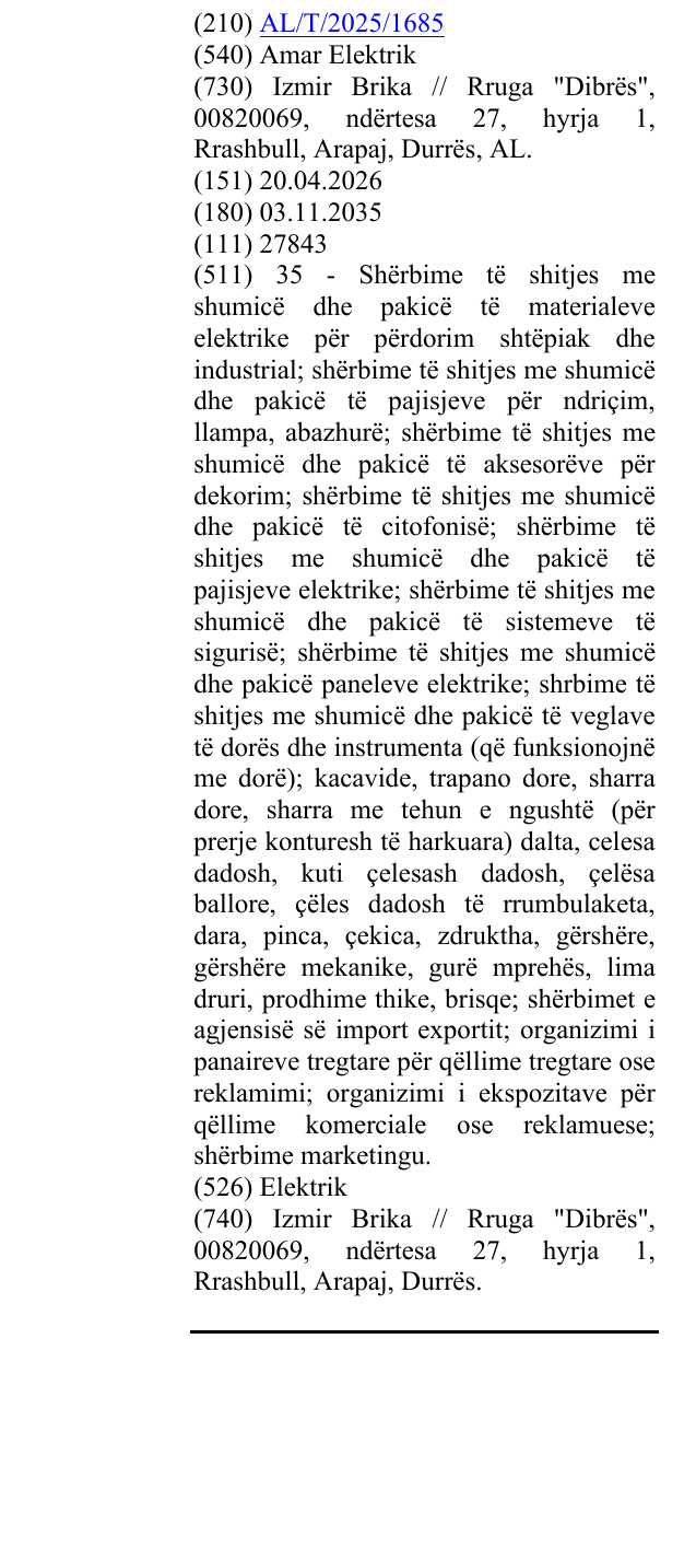 Zëri i markës Amar Elektrik në buletin