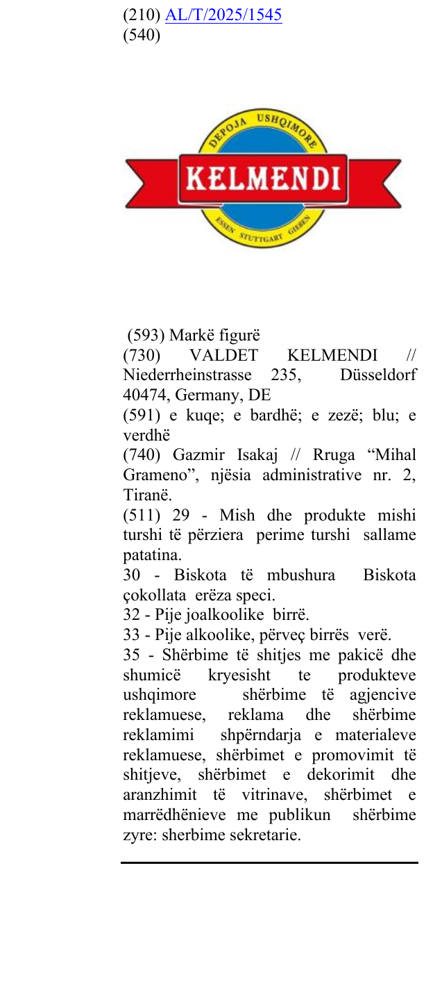 Zëri i markës DEPOJA USHQIMORE KELMENDI ESSEN STUTTGART GIEßEN në buletin