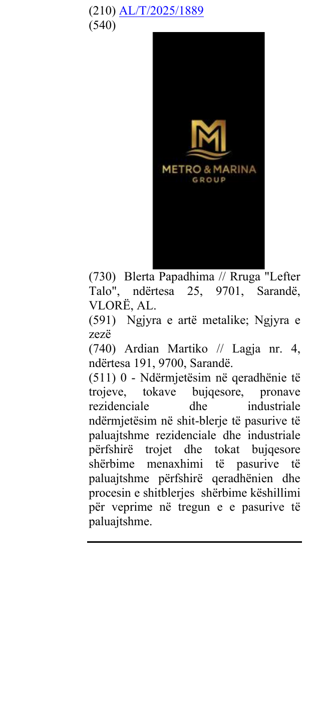Zëri i markës M METRO & MARINA GROUP në buletin