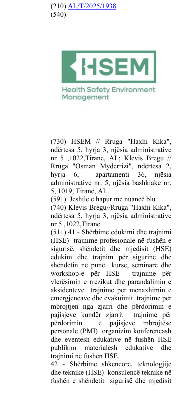 Zëri i markës HSEM HEALTH SAFETY ENVIRONMENT MANAGEMENT në buletin