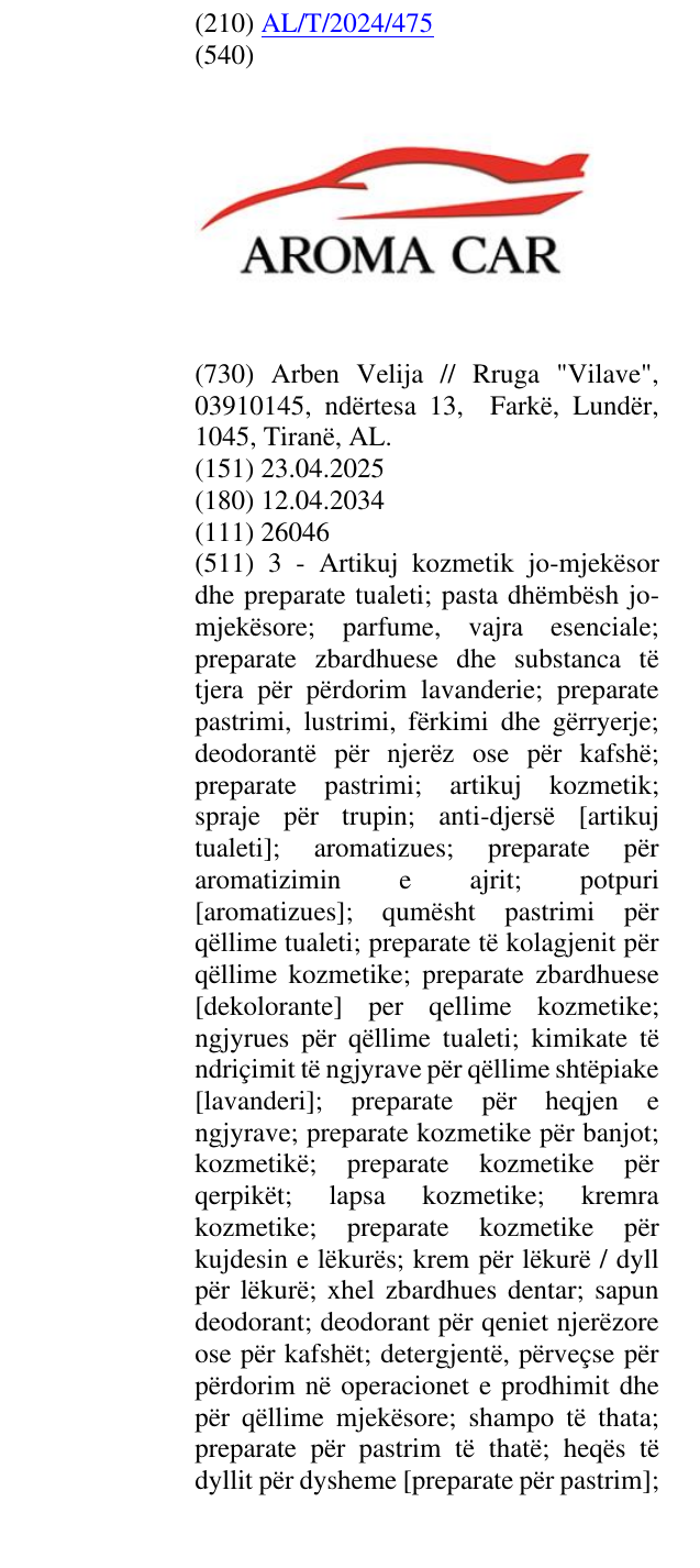 Zëri i markës AROMA ; CAR në buletin