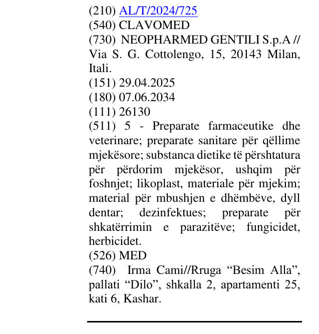 Zëri i markës CLAVOMED në buletin