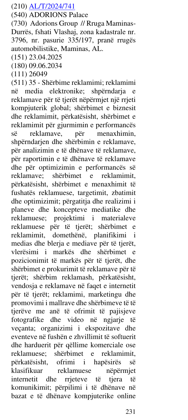 Zëri i markës ADORIONS Palace në buletin