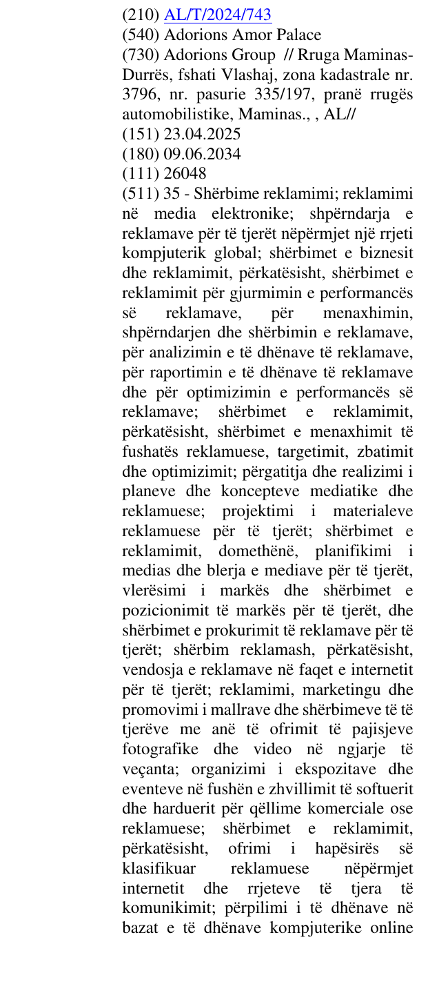 Zëri i markës Adorions Amor Palace në buletin