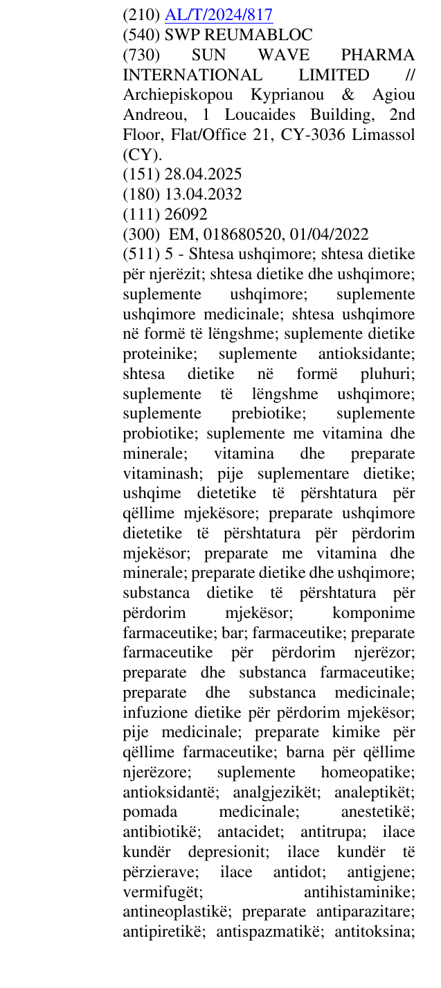 Zëri i markës SWP REUMABLOC në buletin