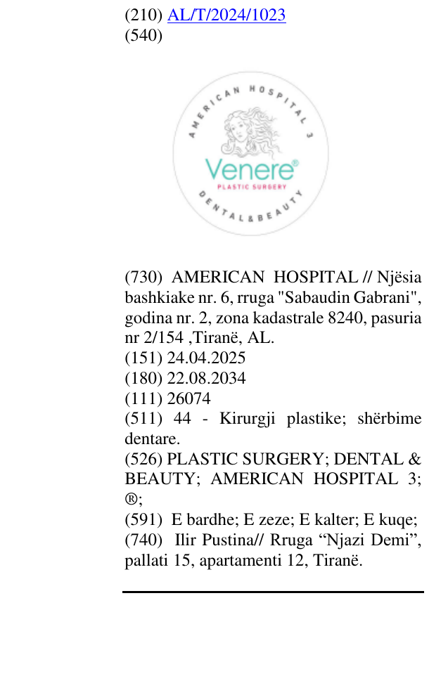 Zëri i markës PLASTIC SURGERY; DENTAL & BEAUTY; AMERICAN HOSPITAL 3; ®; në buletin