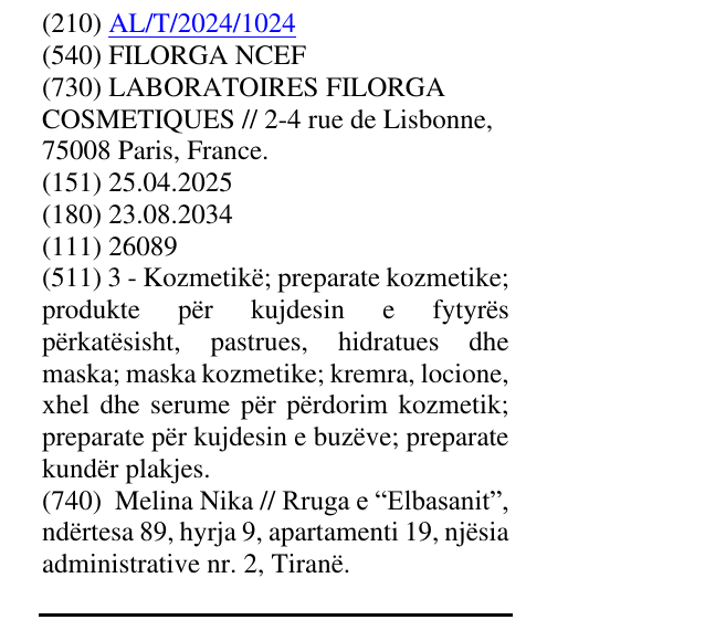 Zëri i markës FILORGA NCEF në buletin