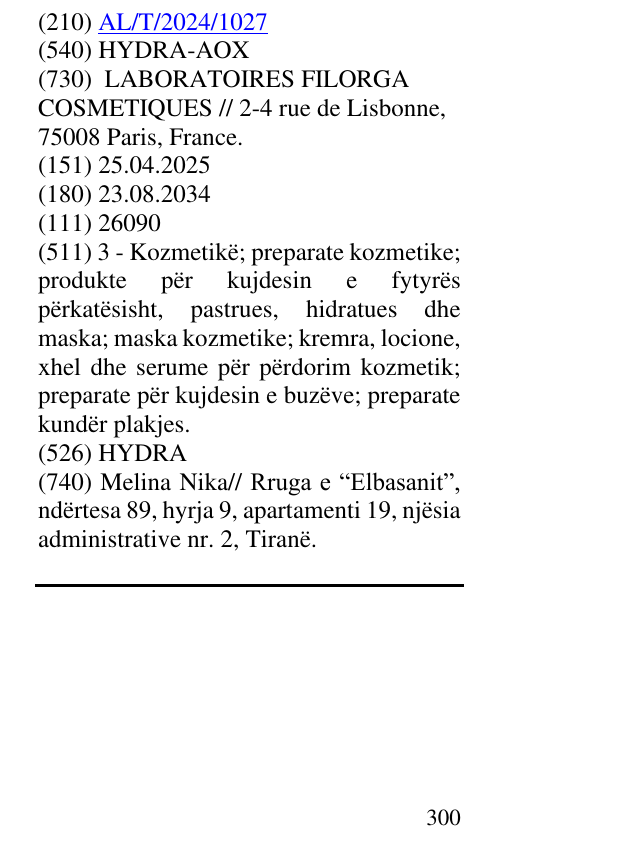 Zëri i markës HYDRA-AOX në buletin