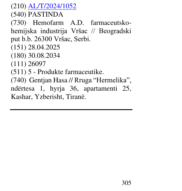 Zëri i markës PASTINDA në buletin