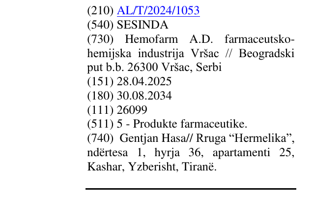 Zëri i markës SESINDA në buletin