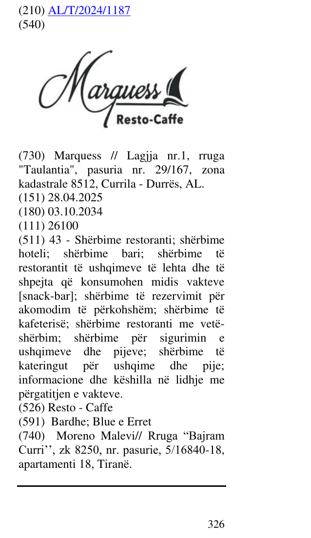 Zëri i markës Resto - Caffe në buletin