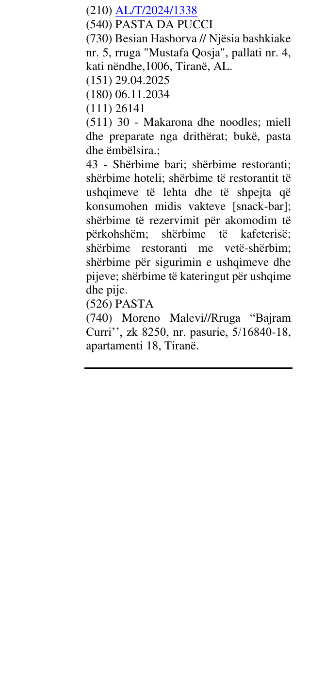 Zëri i markës PASTA DA PUCCI në buletin