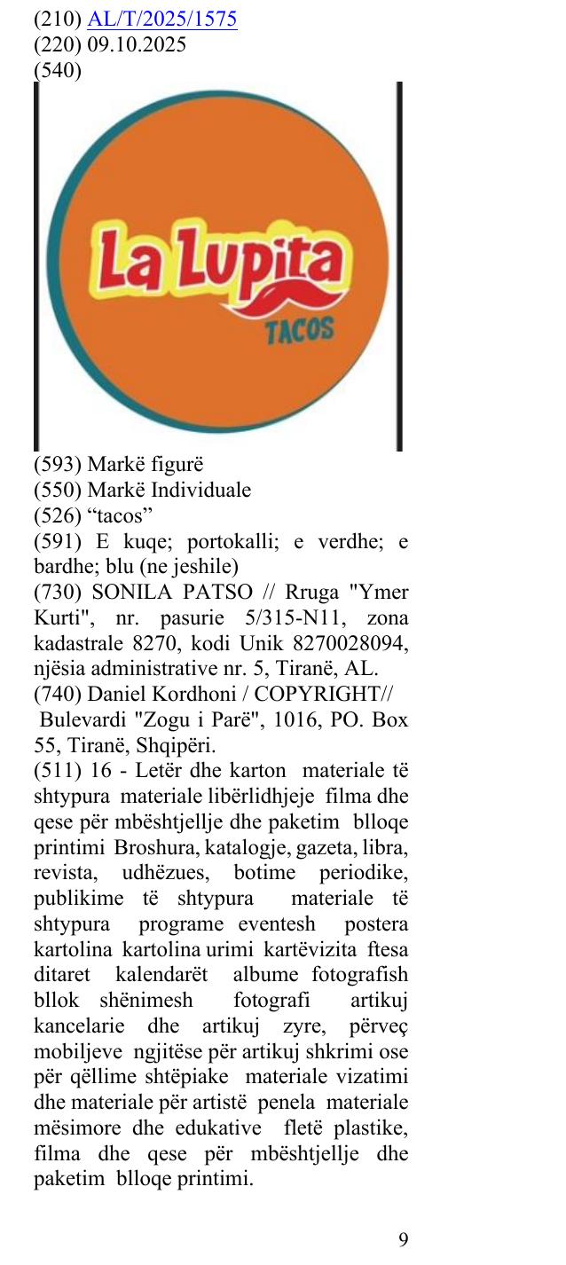 Zëri i markës “tacos” në buletin