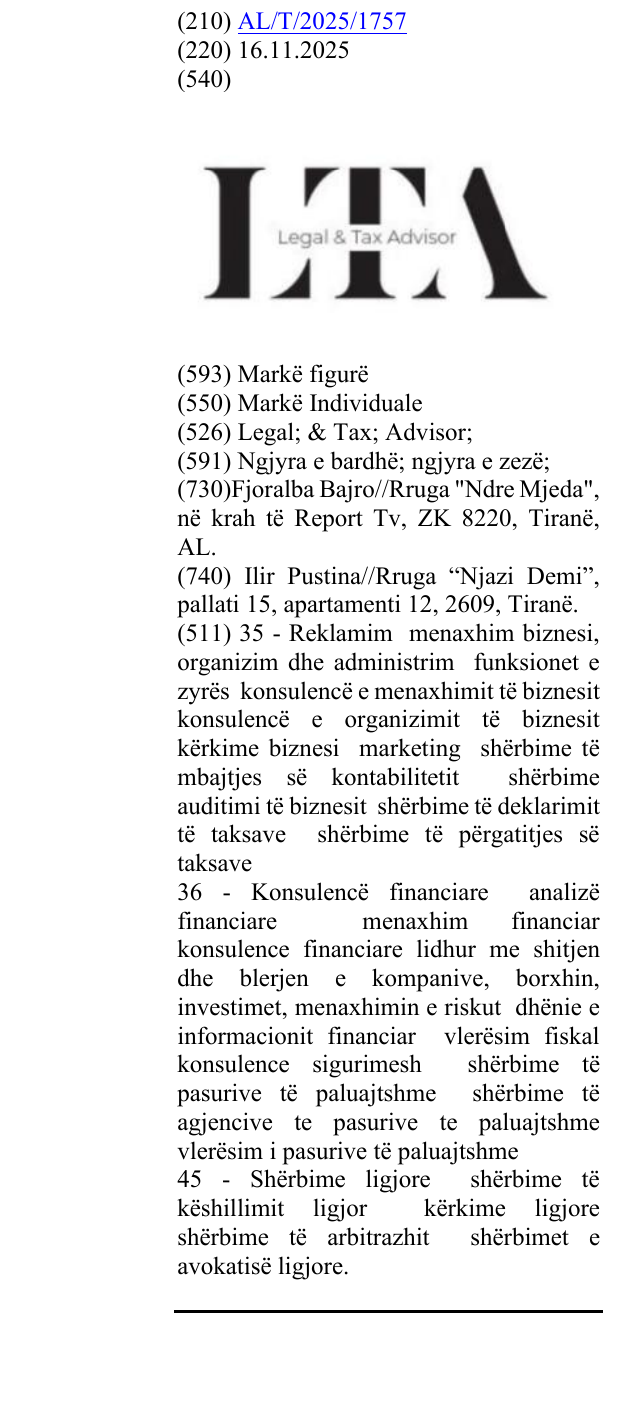 Zëri i markës Legal; & Tax; Advisor; në buletin