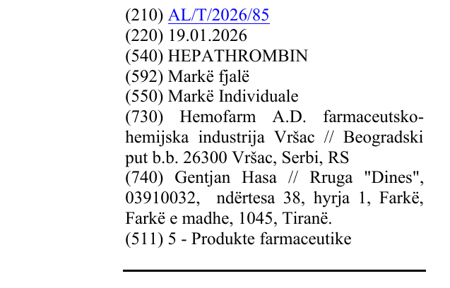 Zëri i markës HEPATHROMBIN në buletin
