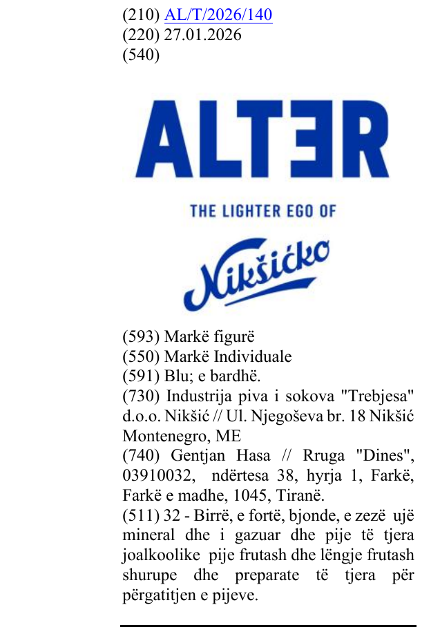 Zëri i markës ALTER THE LIGHTER EGO OF Nikšićko në buletin