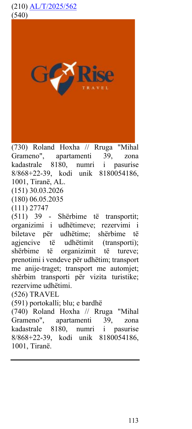 TRAVEL markasının bültendeki kaydı