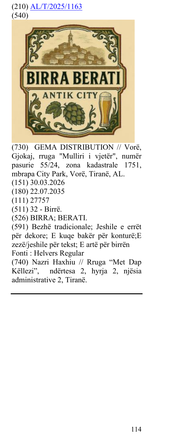 Zëri i markës BIRRA; BERATI. në buletin