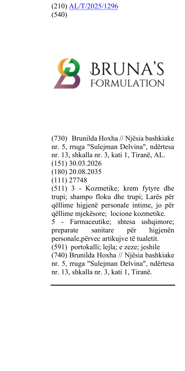 Zëri i markës BRUNA'S FORMULATION në buletin