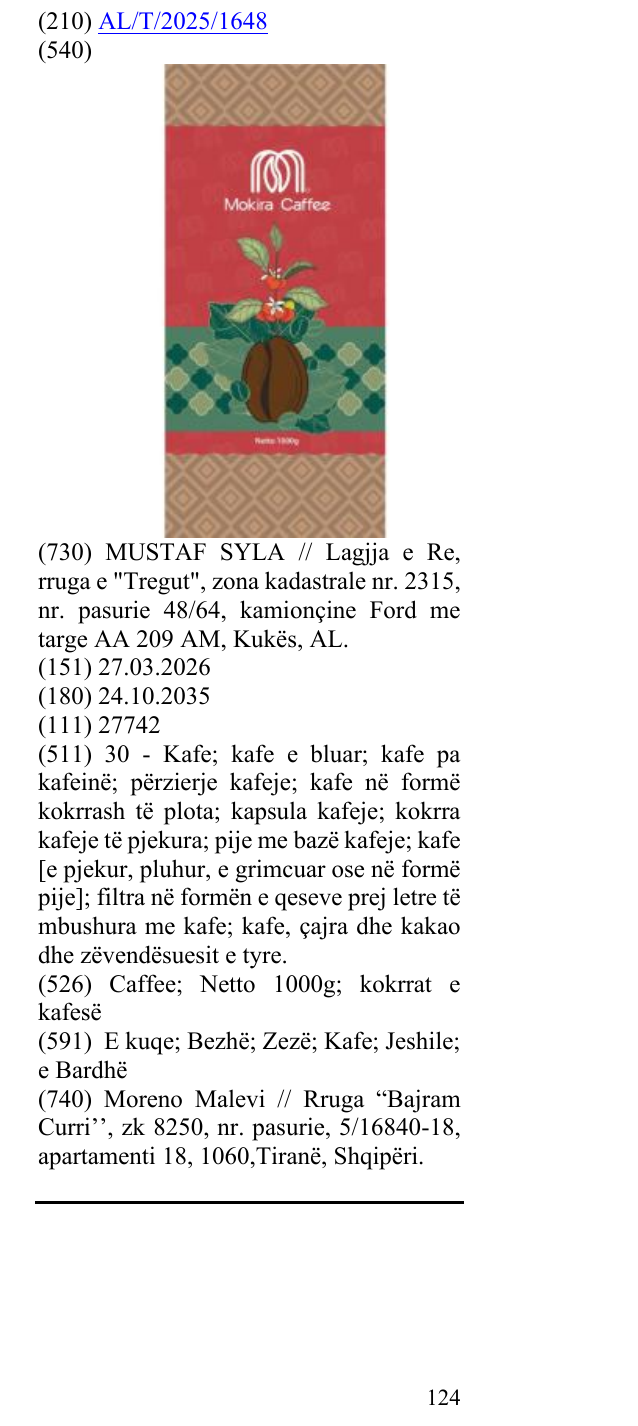 Zëri i markës Caffee; Netto 1000g; kokrrat e kafesë në buletin
