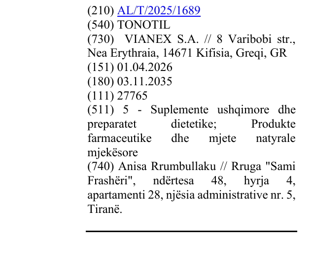 Zëri i markës TONOTIL në buletin