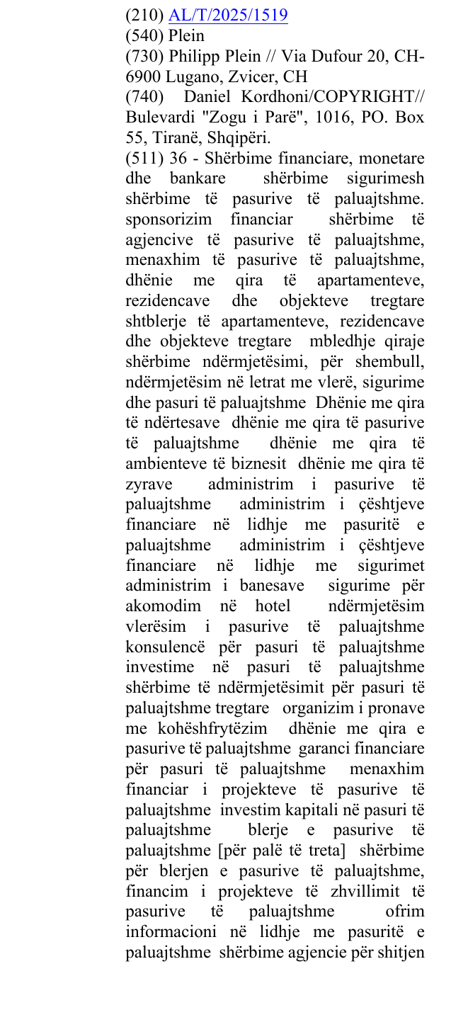 Zëri i markës Plein në buletin