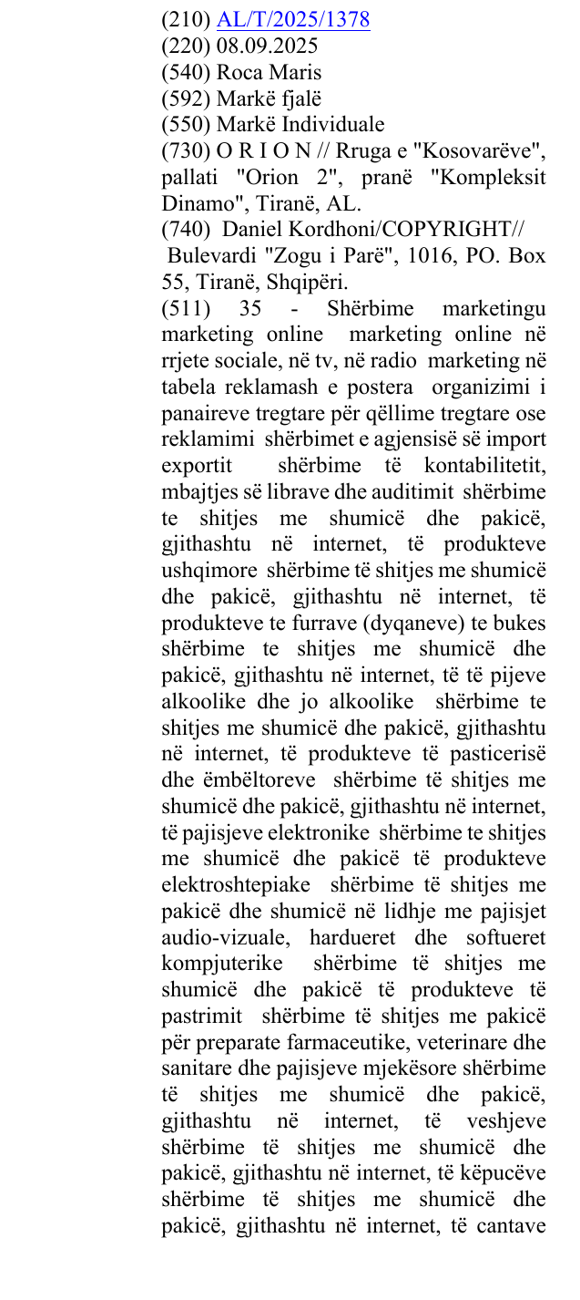 Zëri i markës Roca Maris në buletin