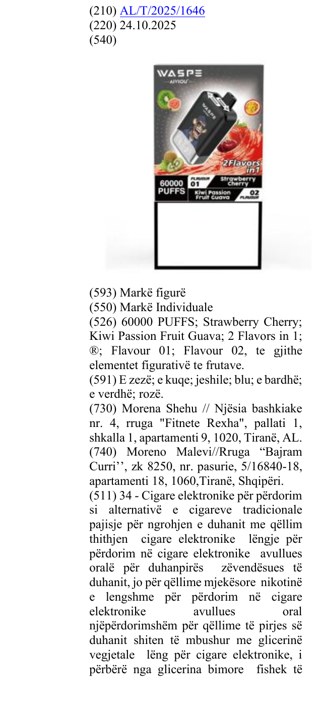 Zëri i markës 60000 PUFFS; Strawberry Cherry; Kiwi Passion Fruit Guava; 2 Flavors in 1; ®; Flavour 01; Flavour 02, te gjithe elementet figurativë te frutave. në buletin
