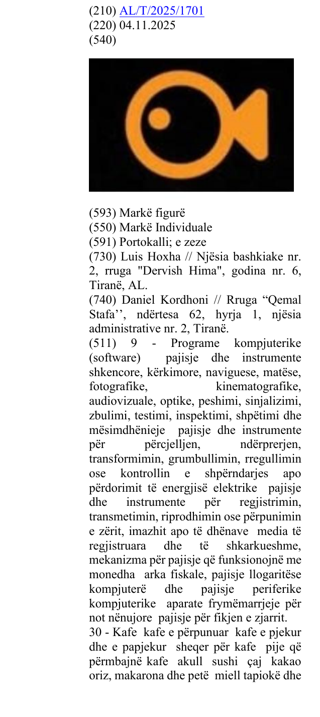 Zëri i markës AL/T/2025/1701 në buletin