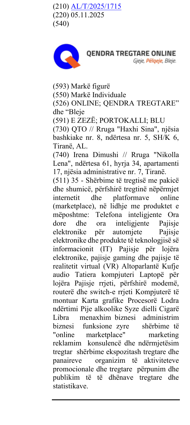 Zëri i markës ONLINE; QENDRA TREGTARE” dhe “Bleje në buletin