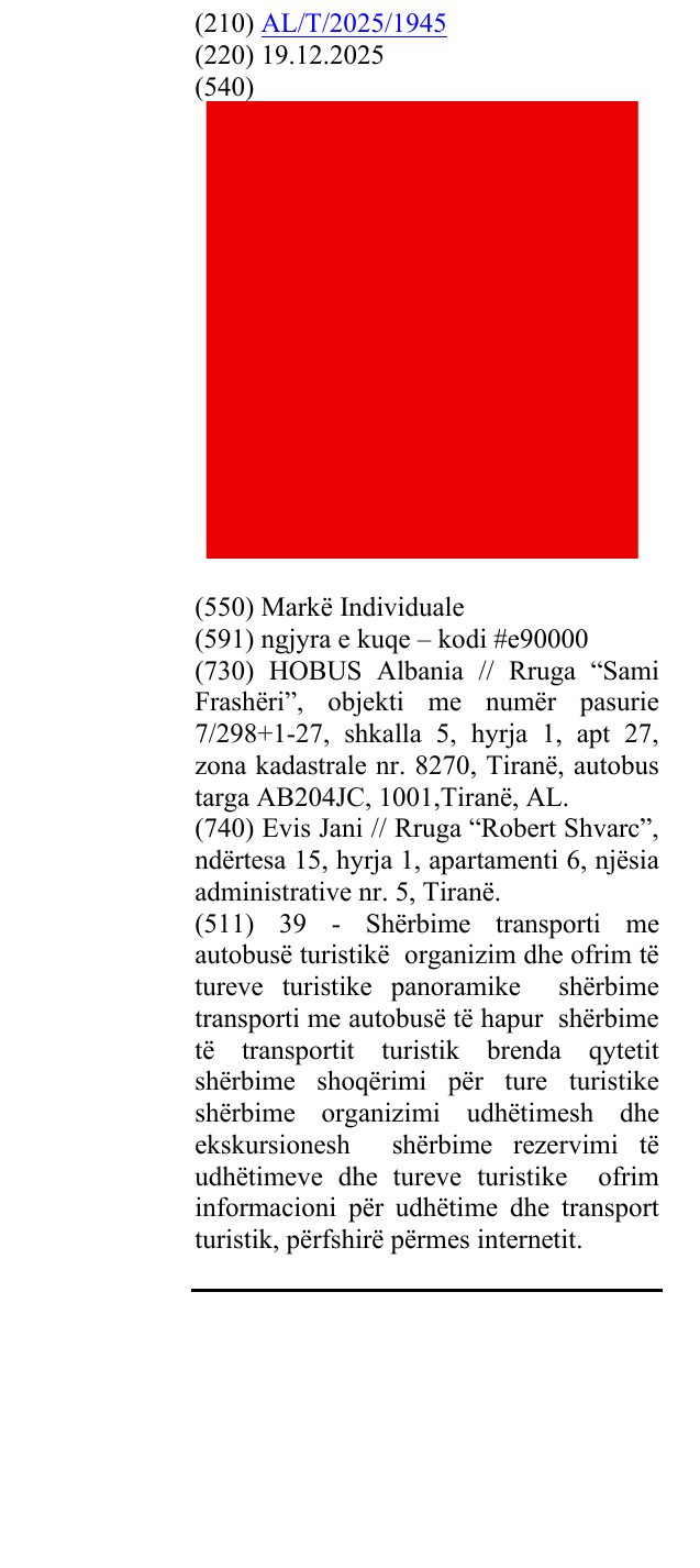 Zëri i markës AL/T/2025/1945 në buletin