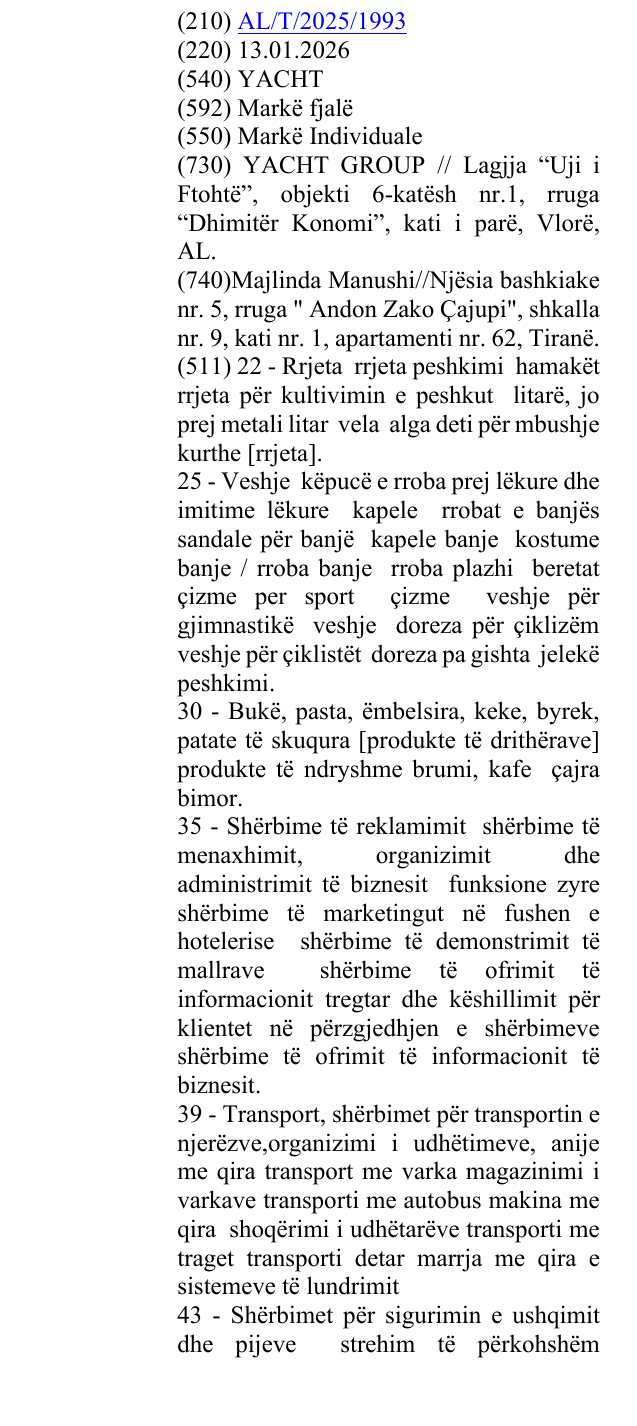 Zëri i markës YACHT në buletin