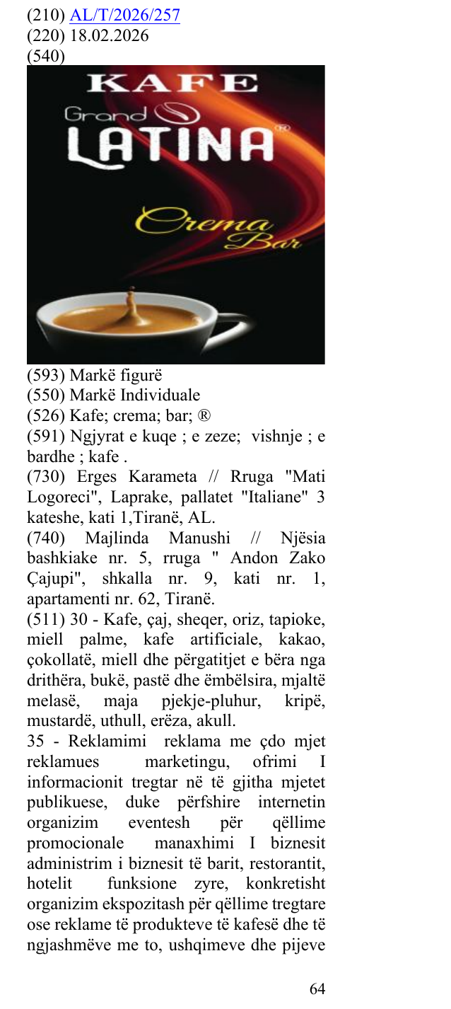 Zëri i markës Kafe; crema; bar; ® në buletin