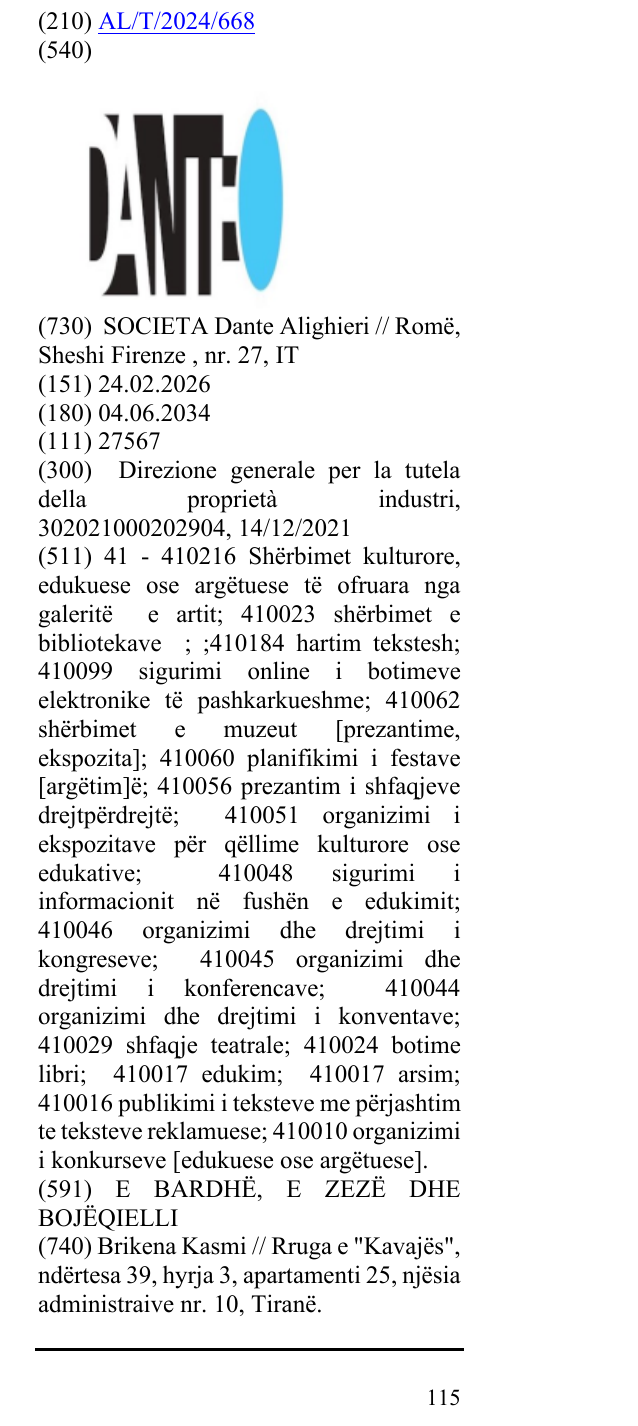 Zëri i markës DANTE në buletin