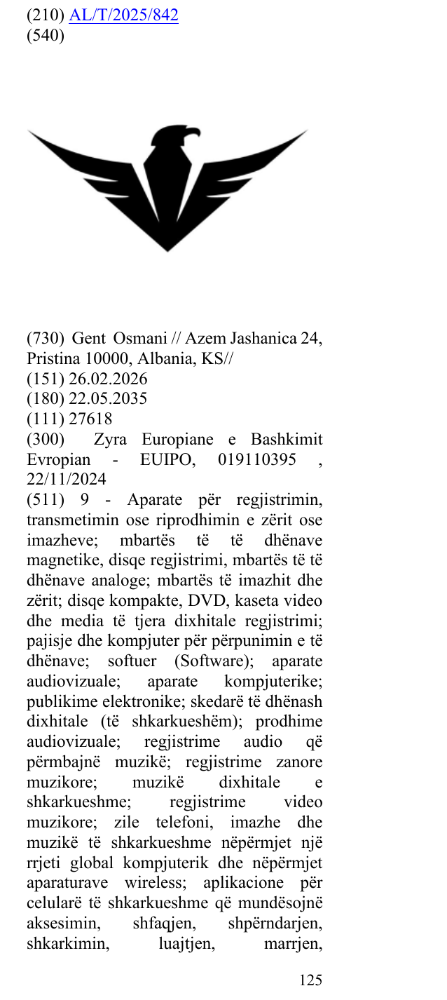 Zëri i markës AL/T/2025/842 në buletin