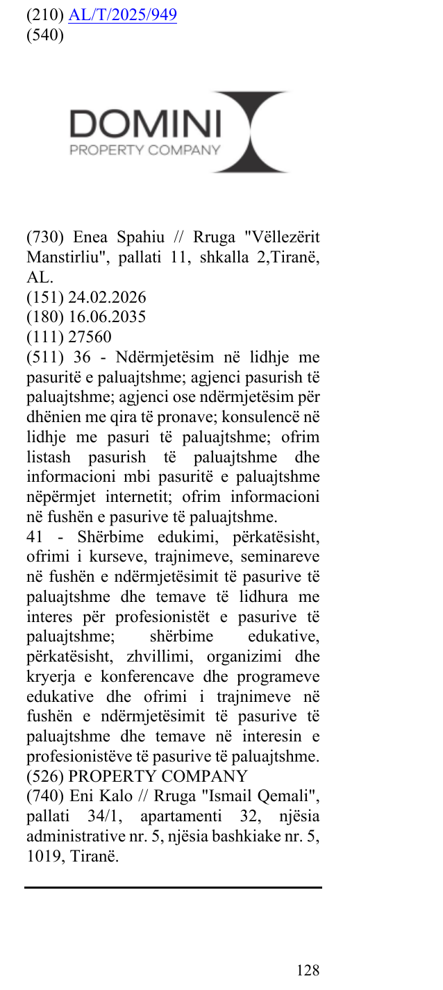 Zëri i markës PROPERTY COMPANY në buletin