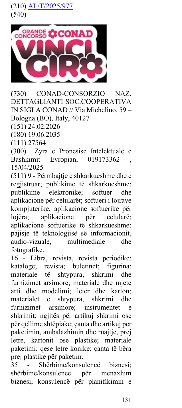 Zëri i markës GRANDE CONCORSO;VINCI GIRO në buletin