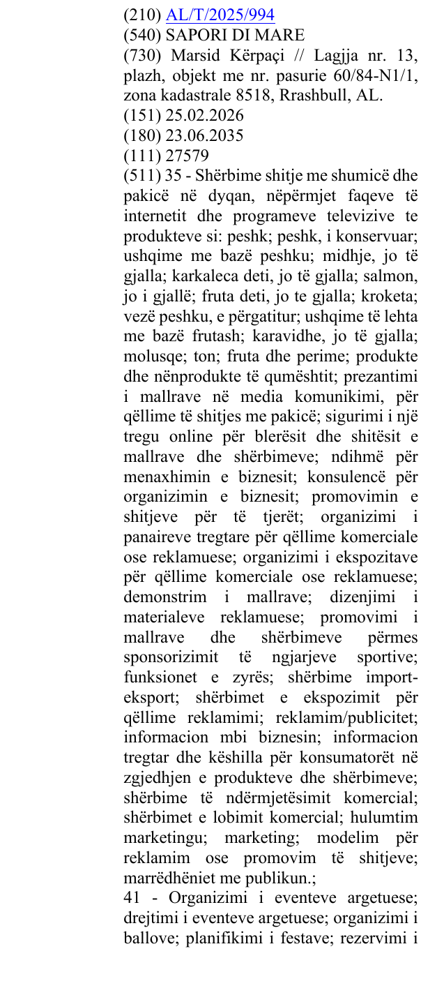Zëri i markës SAPORI DI MARE në buletin