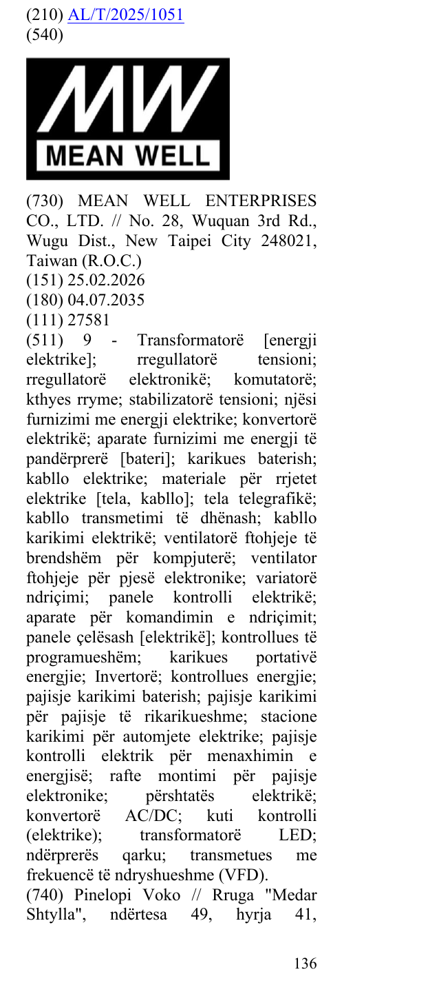 Zëri i markës MW MEAN WELL në buletin