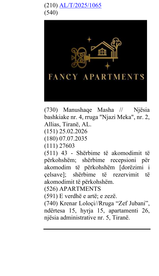 Zëri i markës APARTMENTS në buletin