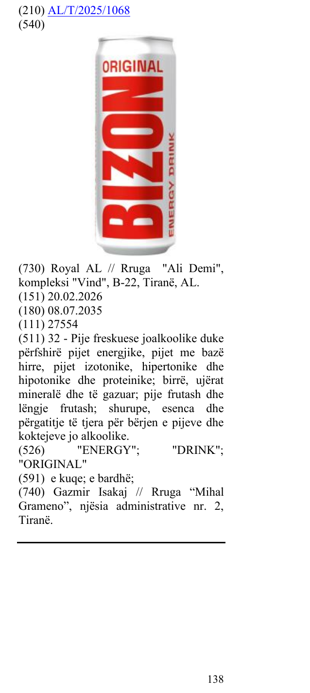Zëri i markës "ENERGY"; "DRINK"; "ORIGINAL" në buletin