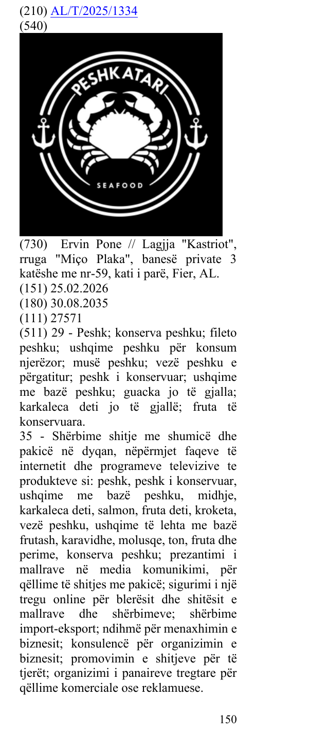 Zëri i markës SEAFOOD në buletin