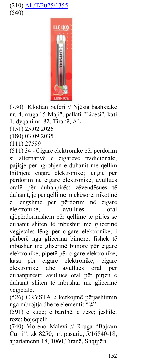 Zëri i markës CRYSTAL; kërkojmë përjashtimin nga mbrojtja dhe të elementit “®” në buletin
