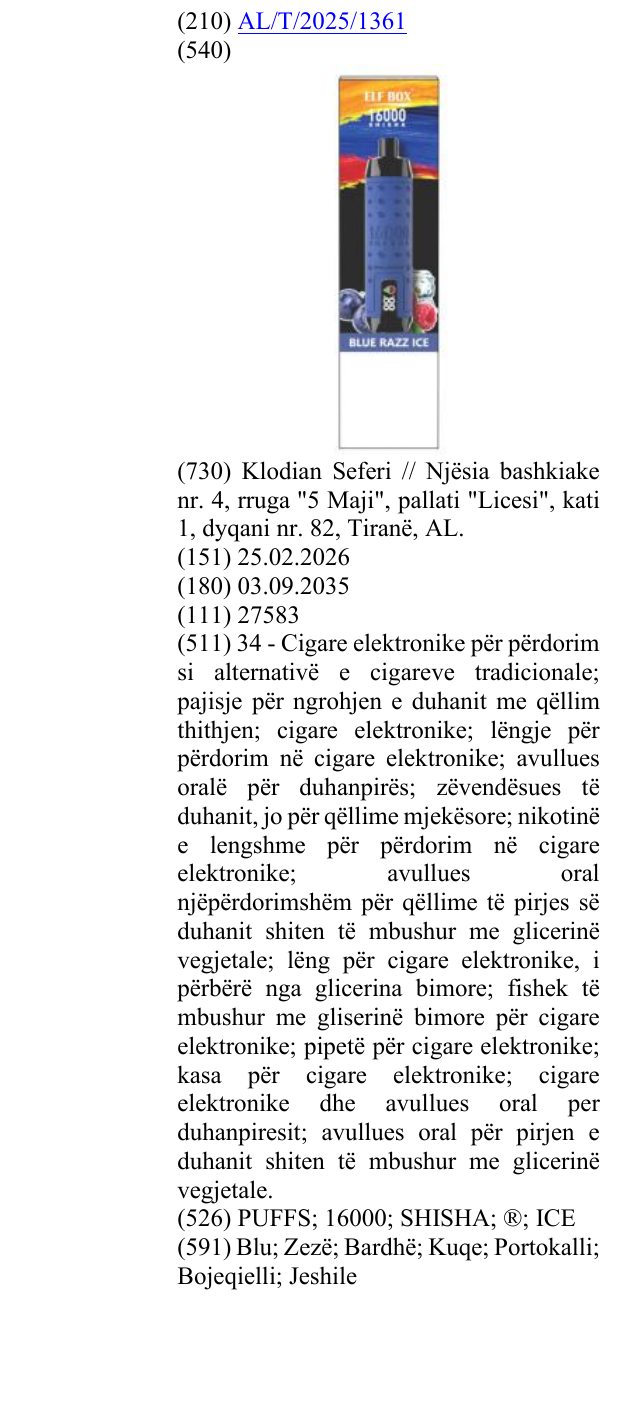 Zëri i markës PUFFS; 16000; SHISHA; ®; ICE në buletin