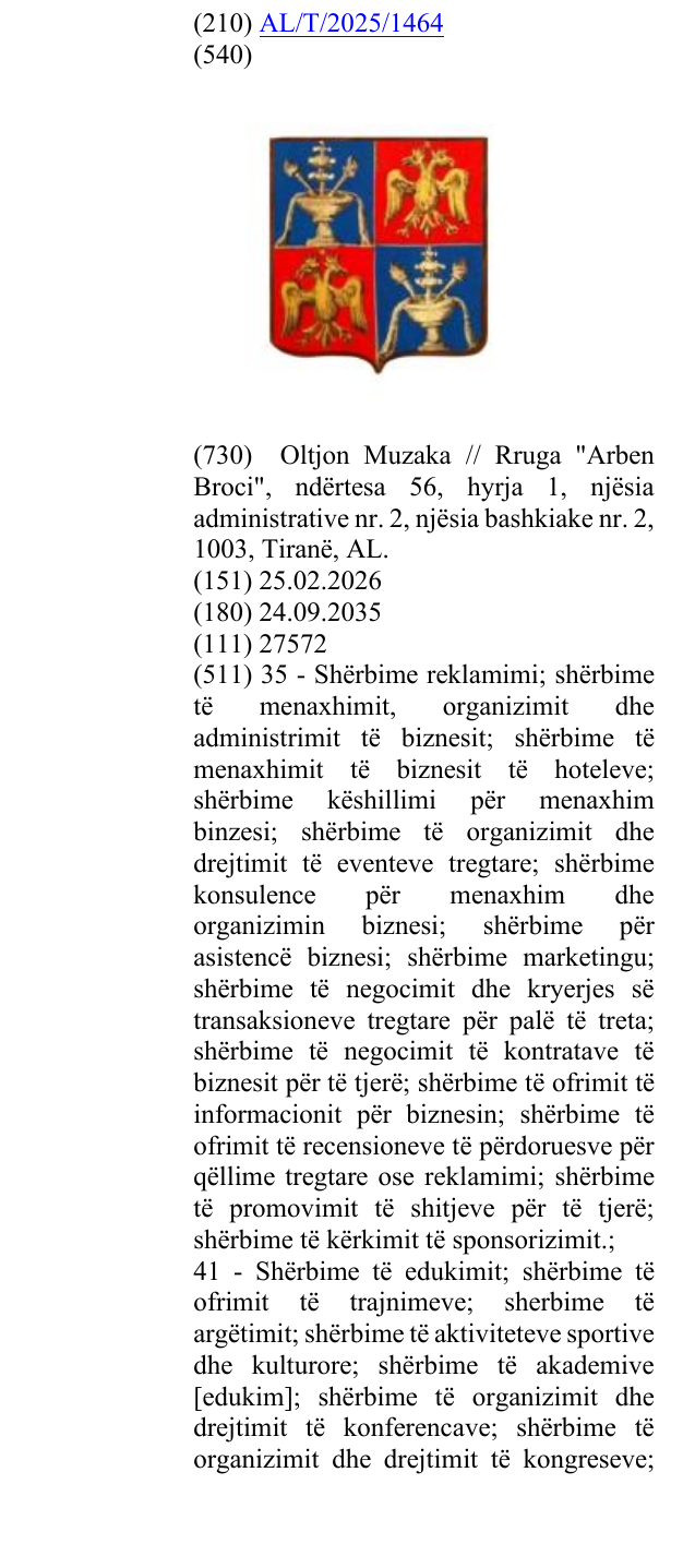 Zëri i markës AL/T/2025/1464 në buletin