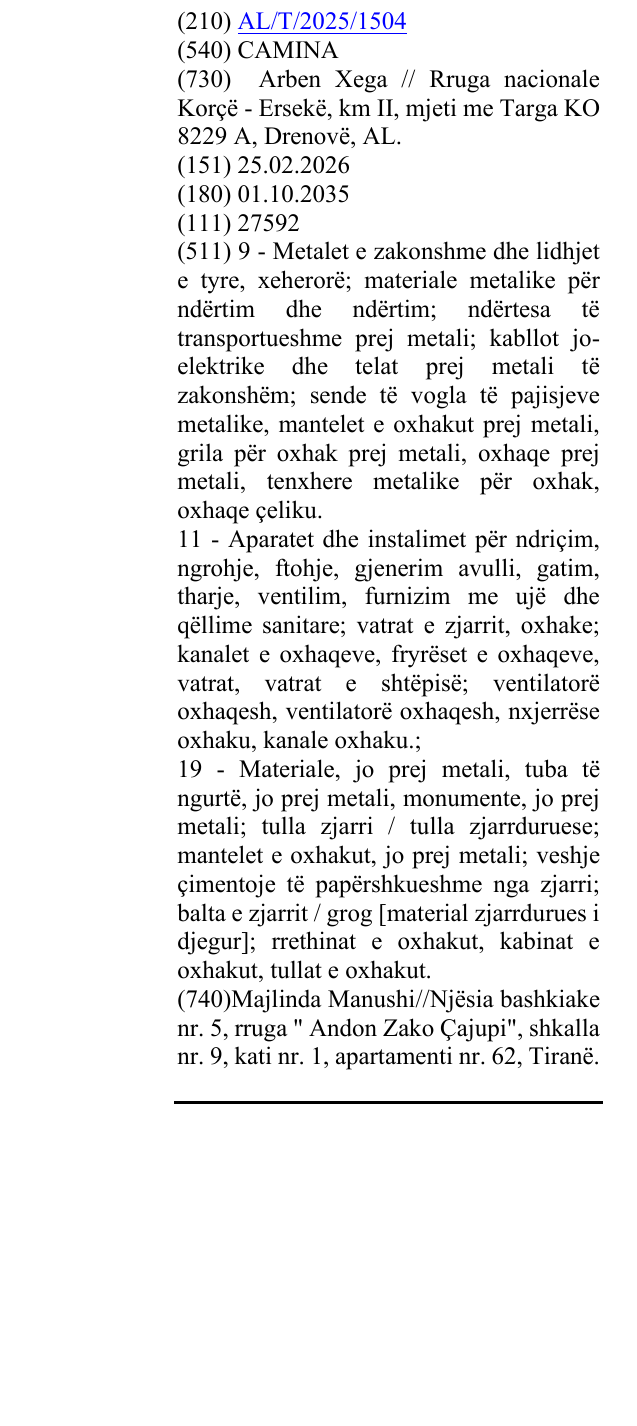 Zëri i markës CAMINA në buletin