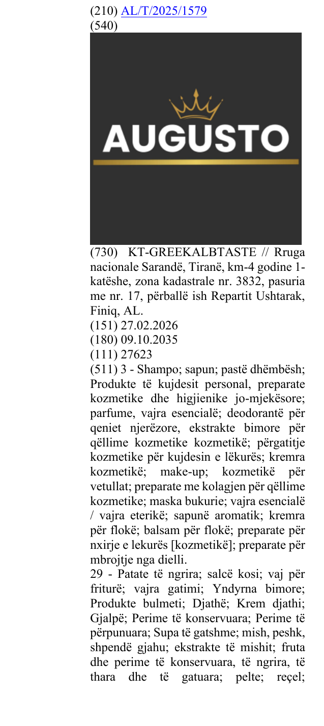 Zëri i markës AUGUSTO në buletin