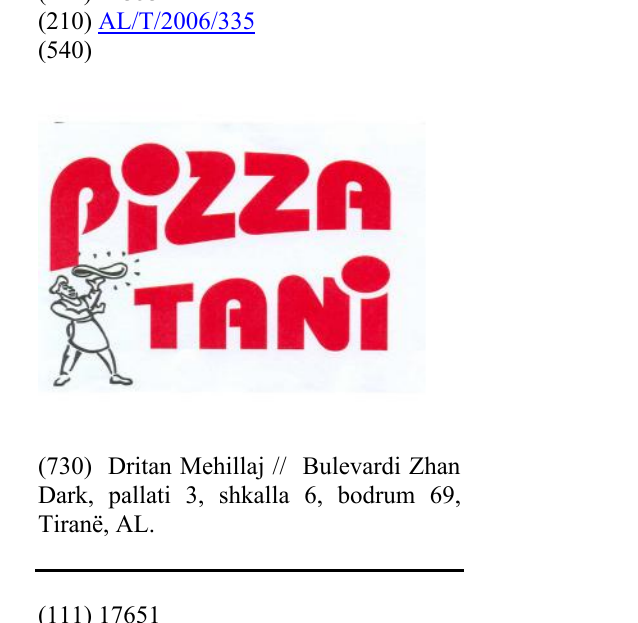 Zëri i markës PIZZA TANI në buletin
